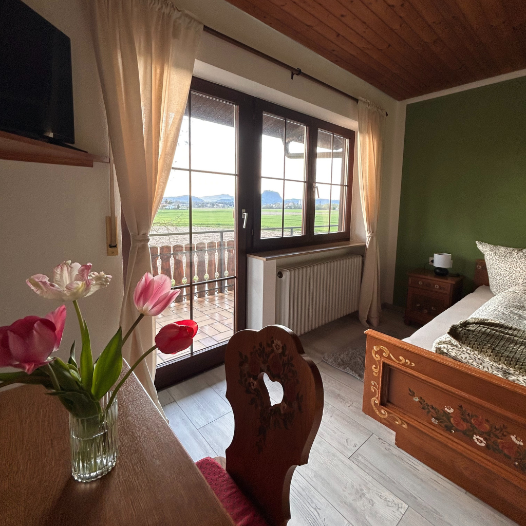 Gemütliches Doppelzimmer mit Balkon und Ausblick – Gästezimmer im Lindenhof Worb­lingen