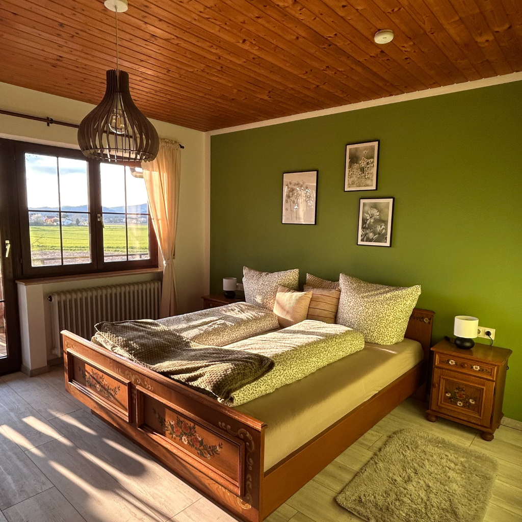 Gemütliches Doppelbett mit Holzmöbeln im Gästezimmer des Lindenhofs, dekoriert im Landhausstil