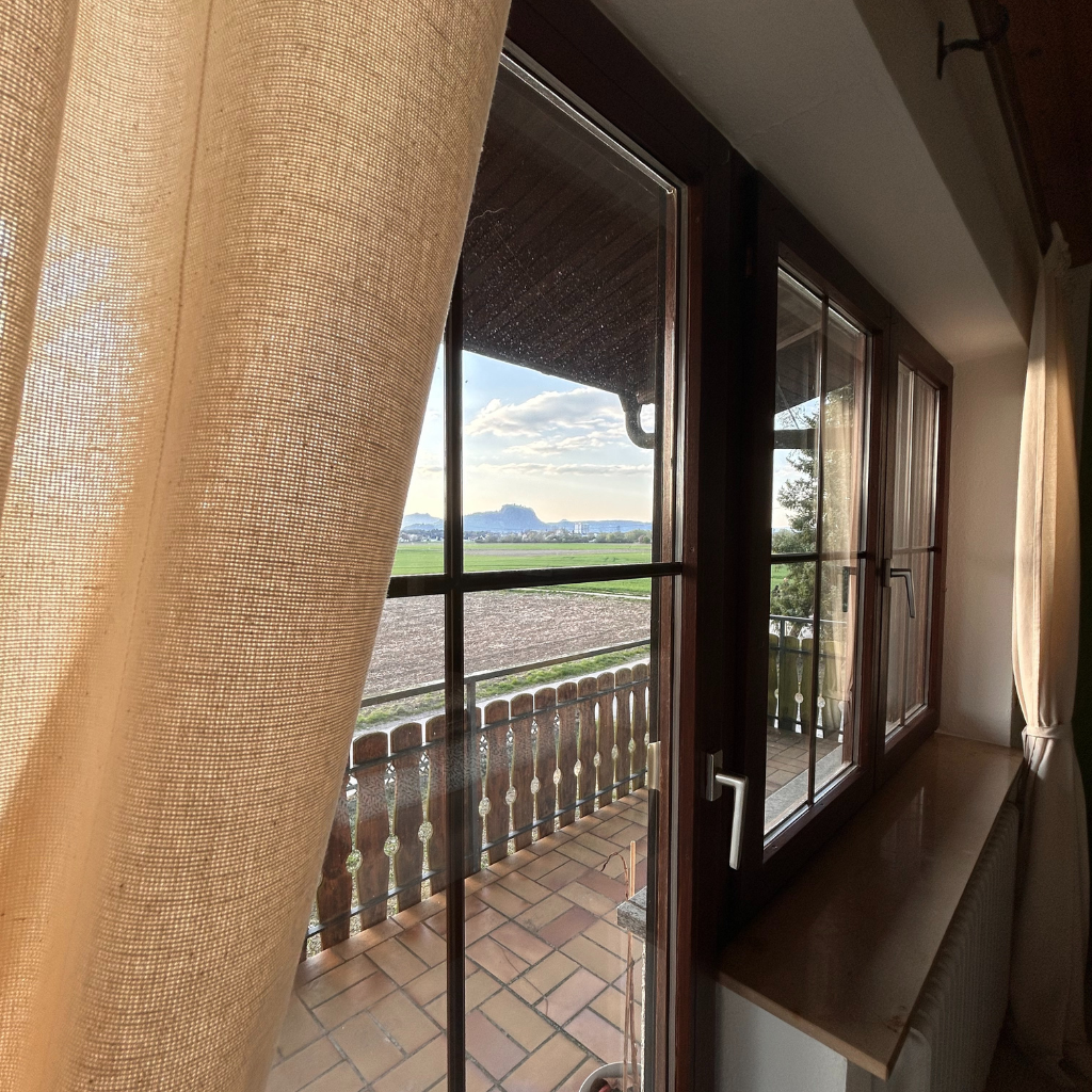 Blick aus dem Gästezimmer des Lindenhofs auf Felder und den Hohentwiel – idyllischer Ausblick vom Balkon