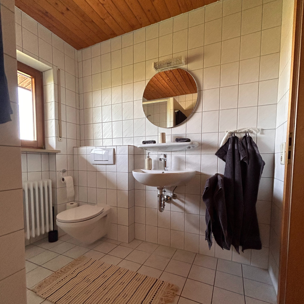 Badezimmer der Ferienwohnung 2 im Lindenhof Worblingen mit Waschbecken, Spiegel und Fenster