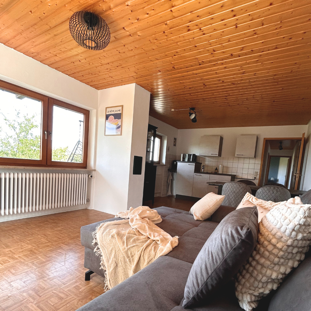 Wohnbereich der Ferienwohnung 2 im Lindenhof Worblingen mit Sofa, Essbereich und Küche